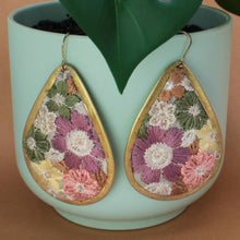 Load image into Gallery viewer, Olive &amp; Pink Floral Fabric Embroidered Earrings
