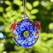 Load image into Gallery viewer, Round Blue Art Glass Double Hummingbird Feeder