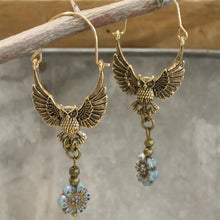 Load image into Gallery viewer, Wings Spread Golden Owl &amp; Flower Dangle Drop Earrings