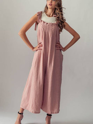 Tie Straps Wide Leg Jumpsuit - Lt Pink