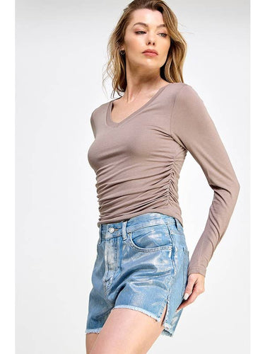 V Neck Side Ruching Long Sleeve Top