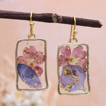 Load image into Gallery viewer, Purple Pink Dried Flower Rectangle Gold Earrings