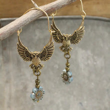 Load image into Gallery viewer, Wings Spread Golden Owl &amp; Flower Dangle Drop Earrings