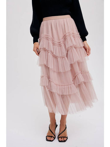Tiered Ruffled Tulle Midi Skirt - Nude Pink