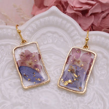 Load image into Gallery viewer, Purple Pink Dried Flower Rectangle Gold Earrings
