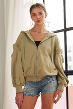 Load image into Gallery viewer, RUFFLED PUFF SLEEVE ZIP UP HOODIE