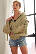 Load image into Gallery viewer, RUFFLED PUFF SLEEVE ZIP UP HOODIE