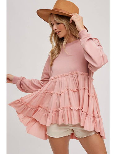 Tiered Ruffle Hem Sweatshirt - Dusty Pink
