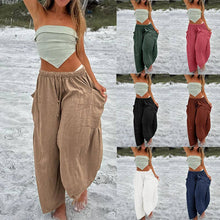 Load image into Gallery viewer, Loose Fit Cotton Linen Cropped Trousers With Elastic Waist