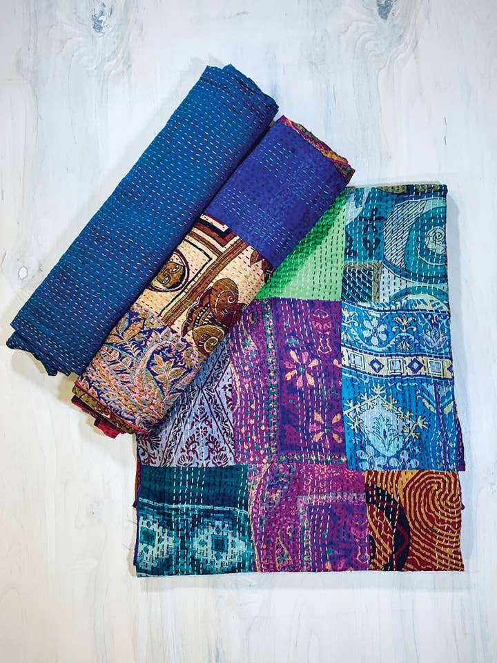 Silk Sari Kantha Throws