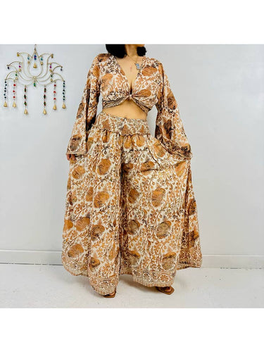 Wide Leg Pants/Bell Sleeve Tie Top