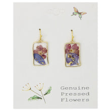 Load image into Gallery viewer, Purple Pink Dried Flower Rectangle Gold Earrings