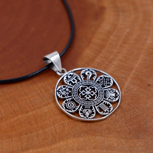 Tibetan 8 Lucky Symbols Silver Pendant