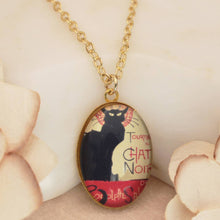 Load image into Gallery viewer, Chat Noir Print Gold Oval Fine Art Necklace