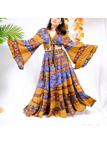 Skirt Set w/Bell Sleeve Top - Brown