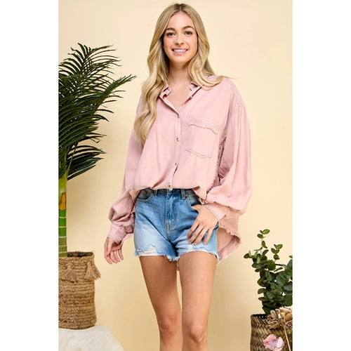 Frayed Seam Balloon Sleeve Shirt