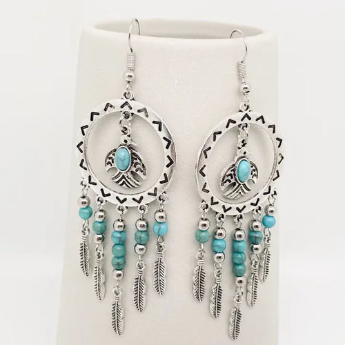 Bird Pendant Turquoise Tassel Earrings