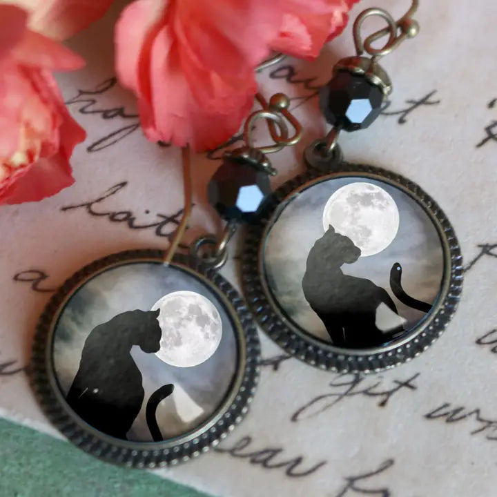 Black Cat & Full Moon Earrings