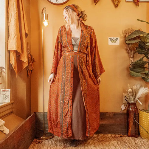 Earthy Orange Silk Bohemian Kimono