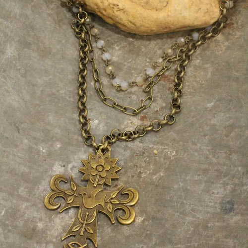 Triple Layered Bronze Cross Necklace