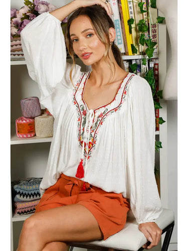 Embroidered Square Tie Neck w/Tassel