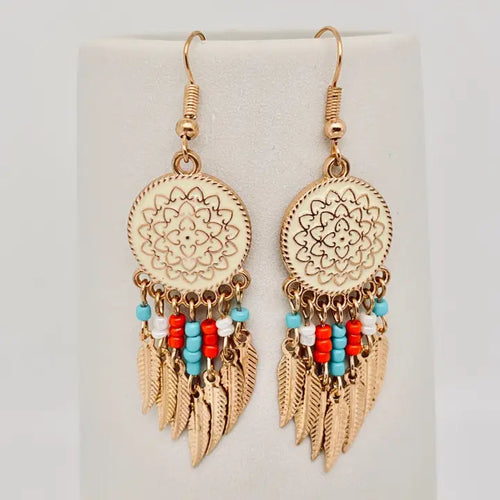 Flower Bead Leaf Tassel Earrings