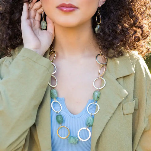 Gold-Plated Long Necklace w/Stones