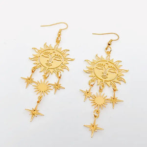 Golden Sun Face Star Earrings