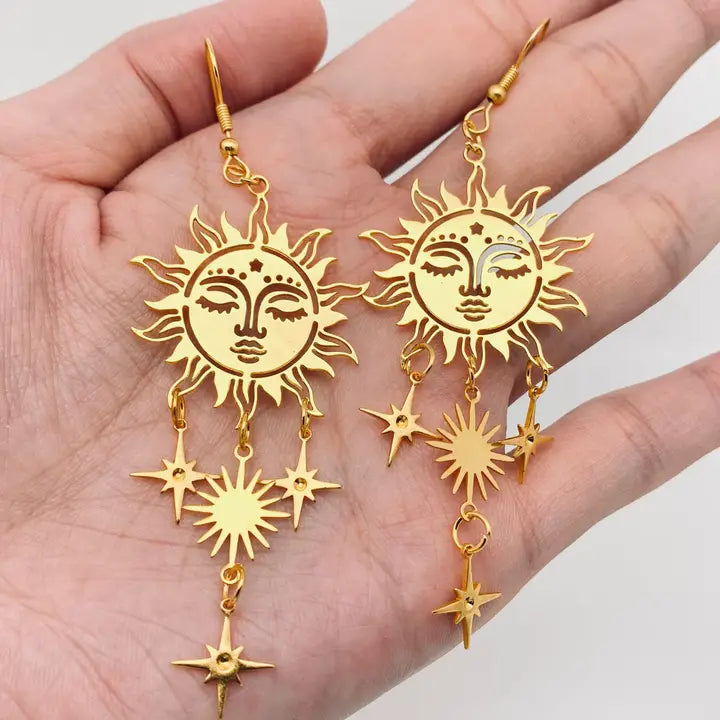 Golden Sun Face Star Earrings