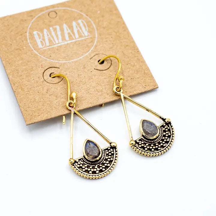 Brass Labradorite Spotted Half Circle Earrings