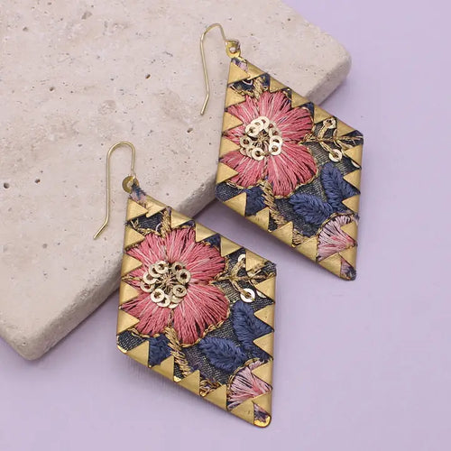 Pink Embroidered Crimped Earrings