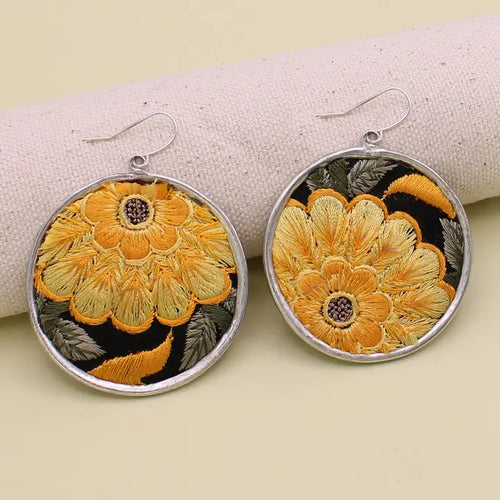 Round Yellow & Silver Embroidered Earrings
