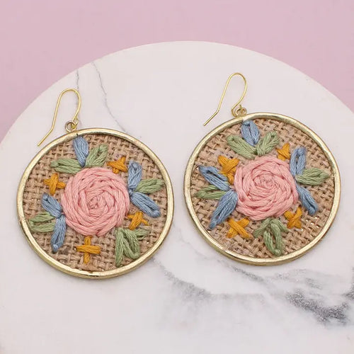 Round Tan & Gold Embroidered Earrings
