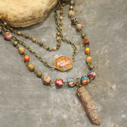 Layered Rusty Orange Stone & Crystal Necklace
