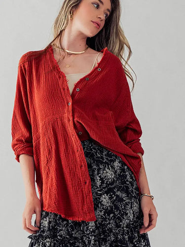 Soft Frayed Hem Gauze Shirt