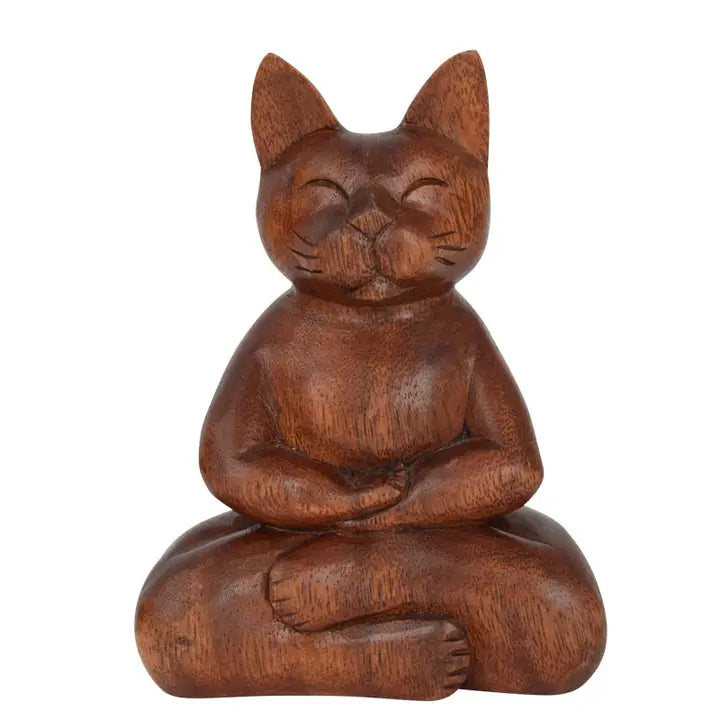 Wooden Meditating Cat Statue