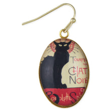 Load image into Gallery viewer, Chat Noir Print Gold Oval Fine Art Earrings