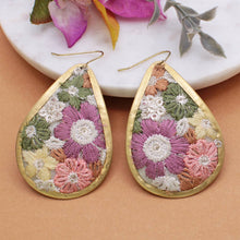 Load image into Gallery viewer, Olive &amp; Pink Floral Fabric Embroidered Earrings