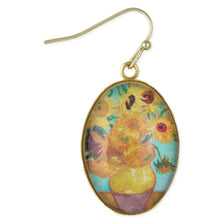 Load image into Gallery viewer, Sunflowers Print Gold Oval Fine Art Earrings