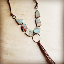 Load image into Gallery viewer, Aqua Terra Slab Necklace with Copper Hoop and leatherFringe Tassel 240r
