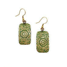 Load image into Gallery viewer, Brass Patina Earrings Chartreuse Floral