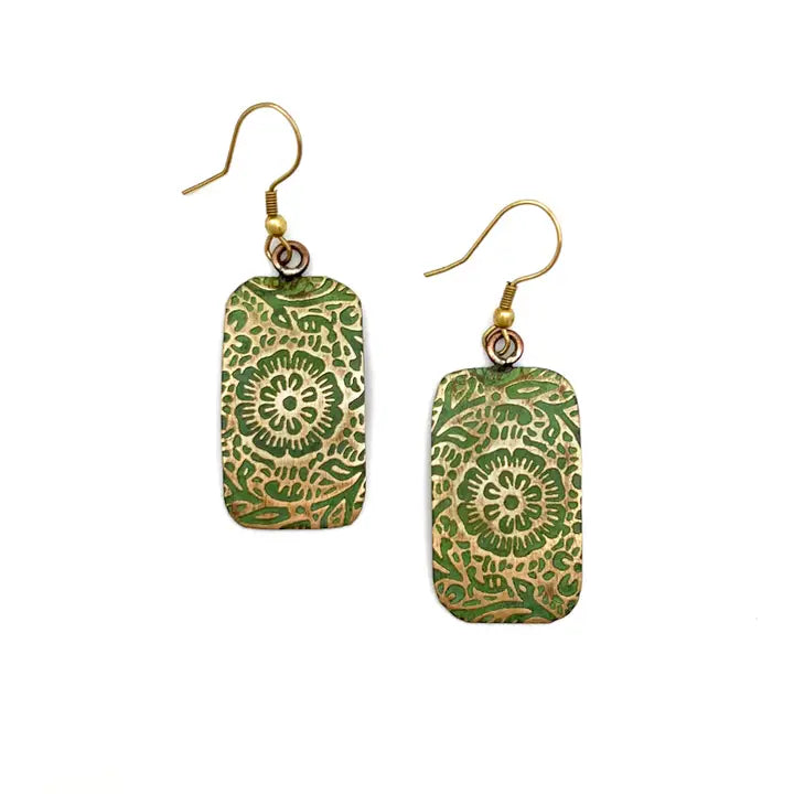 Brass Patina Earrings Chartreuse Floral