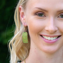 Load image into Gallery viewer, Brass Patina Earrings Chartreuse Floral