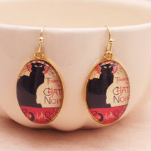 Load image into Gallery viewer, Chat Noir Print Gold Oval Fine Art Earrings