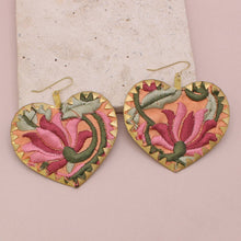 Load image into Gallery viewer, Pink Embroidered Crimped Set Heart Earrings