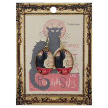 Load image into Gallery viewer, Chat Noir Print Gold Oval Fine Art Earrings