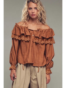 Ruffle Tie Spring Blouse Top Lace Trim (Brown)
