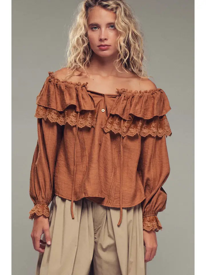 Ruffle Tie Spring Blouse Top Lace Trim (Brown)