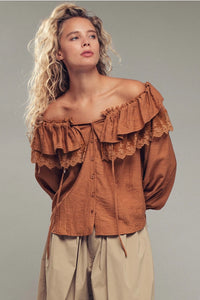 Ruffle Tie Spring Blouse Top Lace Trim (Brown)