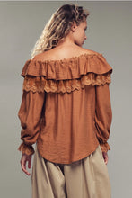 Load image into Gallery viewer, Ruffle Tie Spring Blouse Top Lace Trim (Brown)